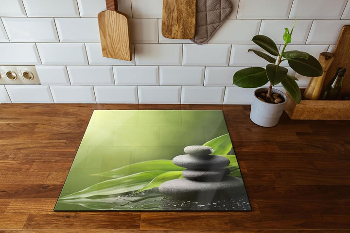 Zen Steine mit Blättern Herdabdeckplatte & Spritzschutz aus Echtglas | Für Herd-Kochfelder | 60x52 c