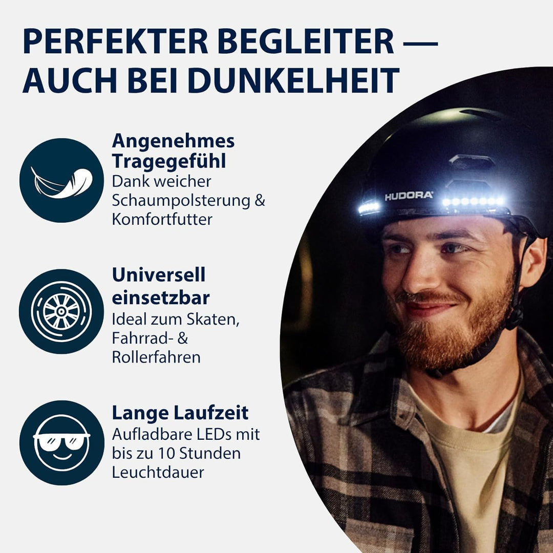 HUDORA Skaterhelm LED, schwarz L (58-61 cm) Schwarz, L (58-61 cm) Schwarz
