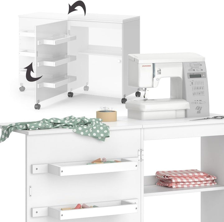 Vicco Nähtisch Carmen, Nähmaschinenschrank, Weiss, 118.5 x 79.5 cm mit 3 Regalen Weiss 118 cm, Wei&#