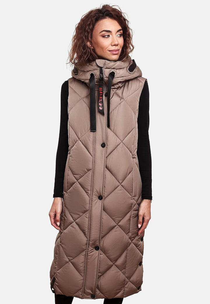 Navahoo warme Damen Winter Steppweste lang mit Kapuze Schnuckel XS-XXL L Dark Taupe, L Dark Taupe