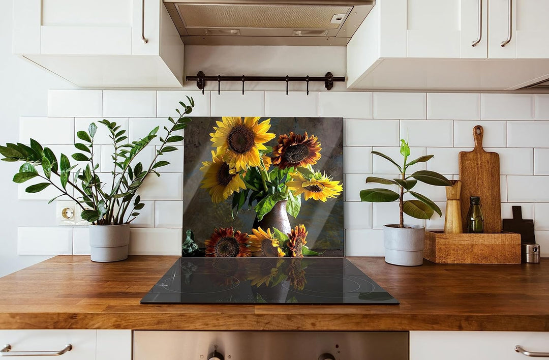 Sonnenblumen in edler Vase Herdabdeckplatte & Spritzschutz aus Echtglas | Für Herd-Kochfelder | 60x5