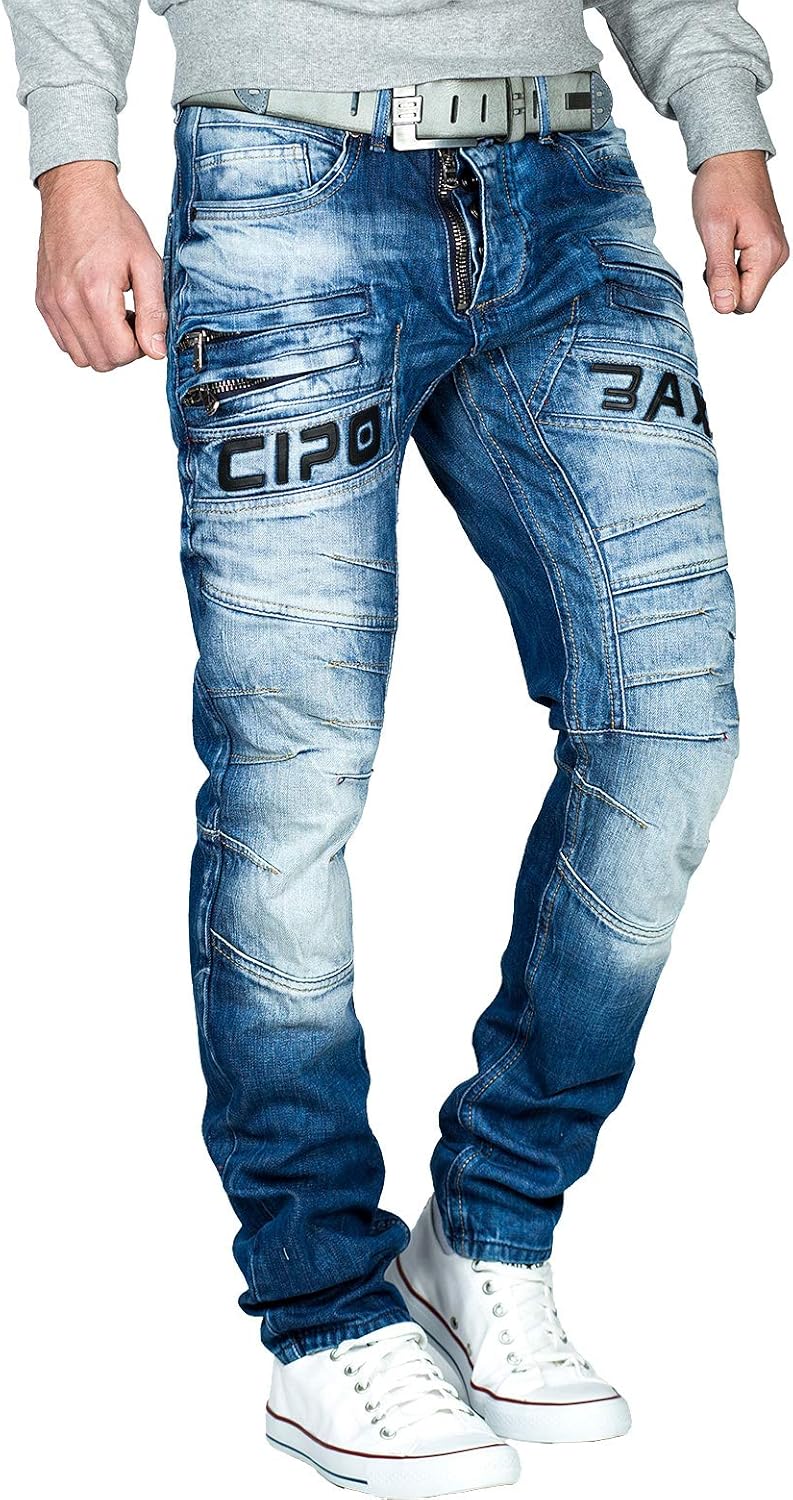 Cipo & Baxx Herren Jeans im Bikerstyle – Regular Fit oder Slim Fit | Stone Washed Denim mit Ziernäht