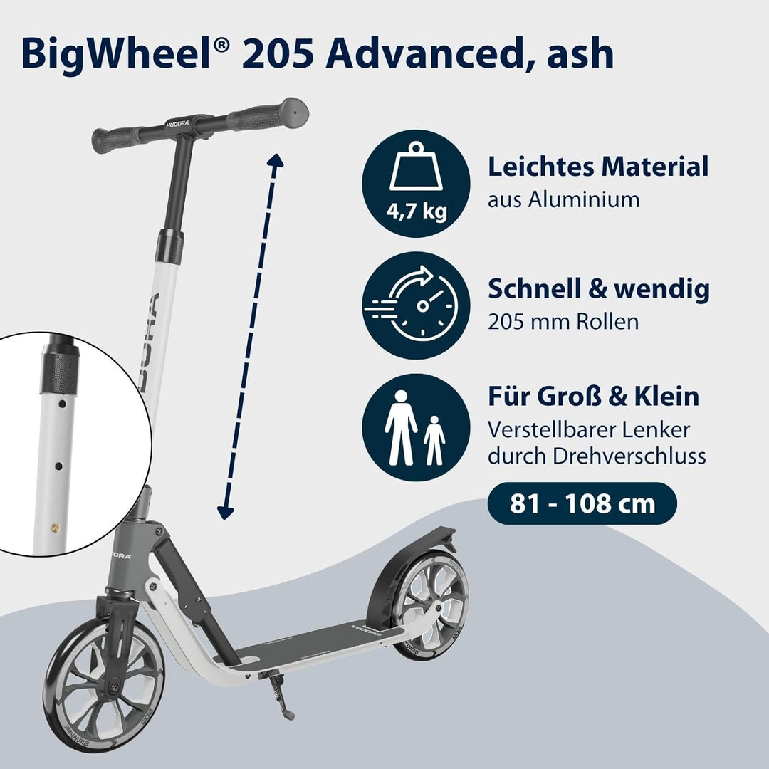 HUDORA BigWheel® 205 Advanced Scooter - Komfortabler Aluminium-Roller für bis zu 100kg - Höhenverste