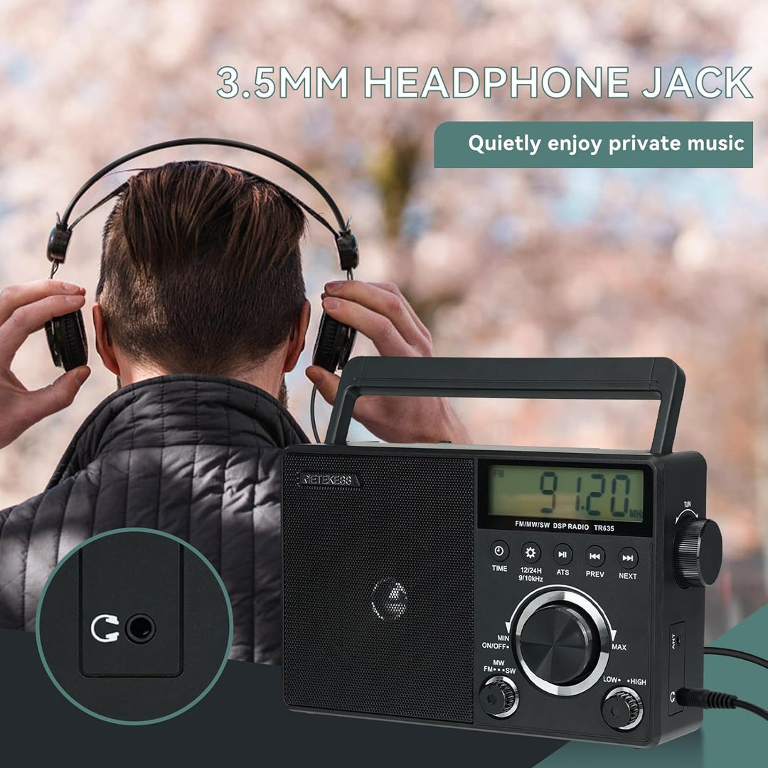 Retekess TR635 Tragbares Radio,FM/AM/SW Mains and Battery Operated World Receiver Radio,Headphone Co