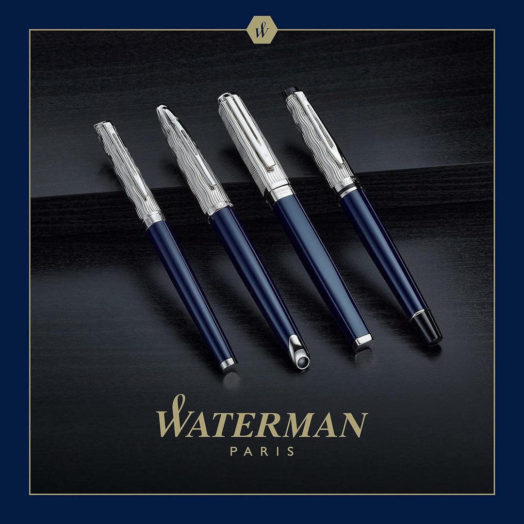 Waterman Carène Kugelschreiber, Metall und blaue Lackierung, ziselierte Kappe, blaue Tinte, Geschenk