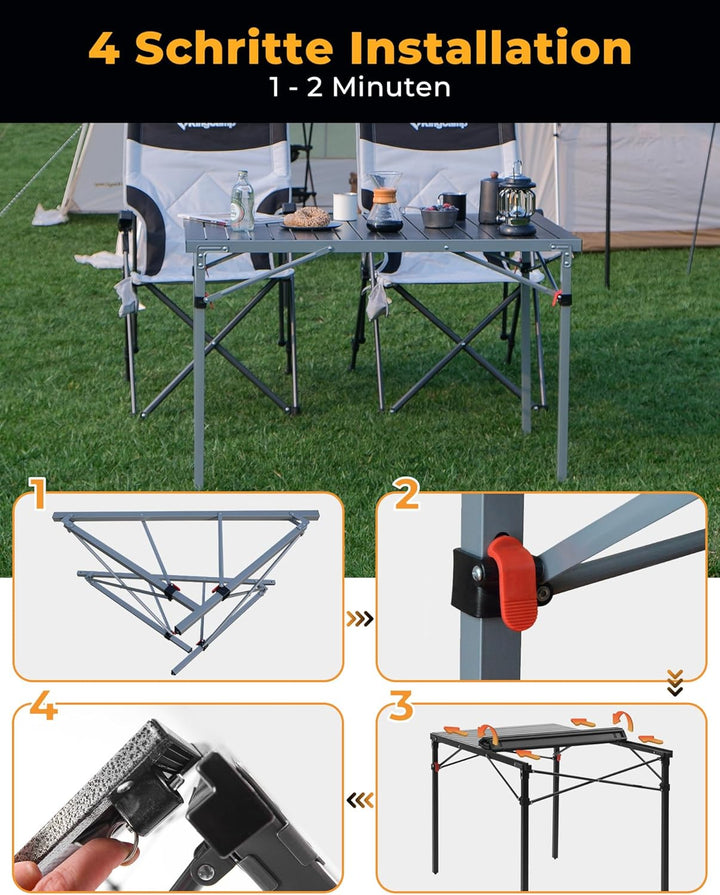 KingCamp Campingtisch Klapptisch Gartentisch Leichtgewicht für 4-6 Personen Silber Schwarz