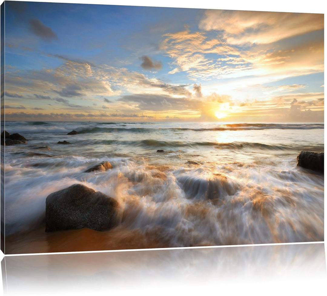Sonnenuntergang am Meer, Format: 100x70 auf Leinwand, XXL riesige Bilder fertig gerahmt mit Keilrahm