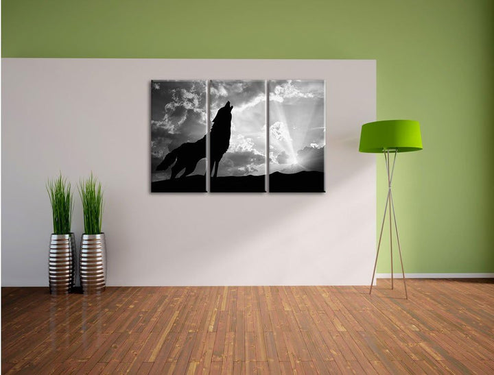 Pixxprint Wolf Heulen als Leinwandbild/Grösse: 3 Teilig (120x80) cm/Wandbild/Kunstdruck/fertig bespa