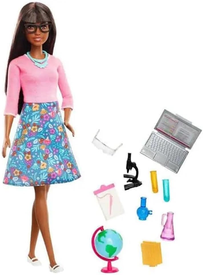 Barbie Berufe Lehrer Puppe Braun mit 10 Lernzubehör, einschliesslich Rotierender Globus und Laptop,