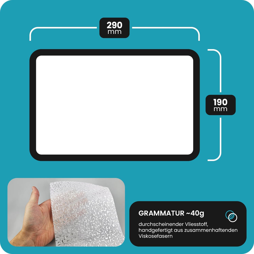 50 Blatt Weiss Deko-Vlies, Blumen in Weiss mit Silber Glitzer , 190x290mm, handgemacht, 40g, orienta