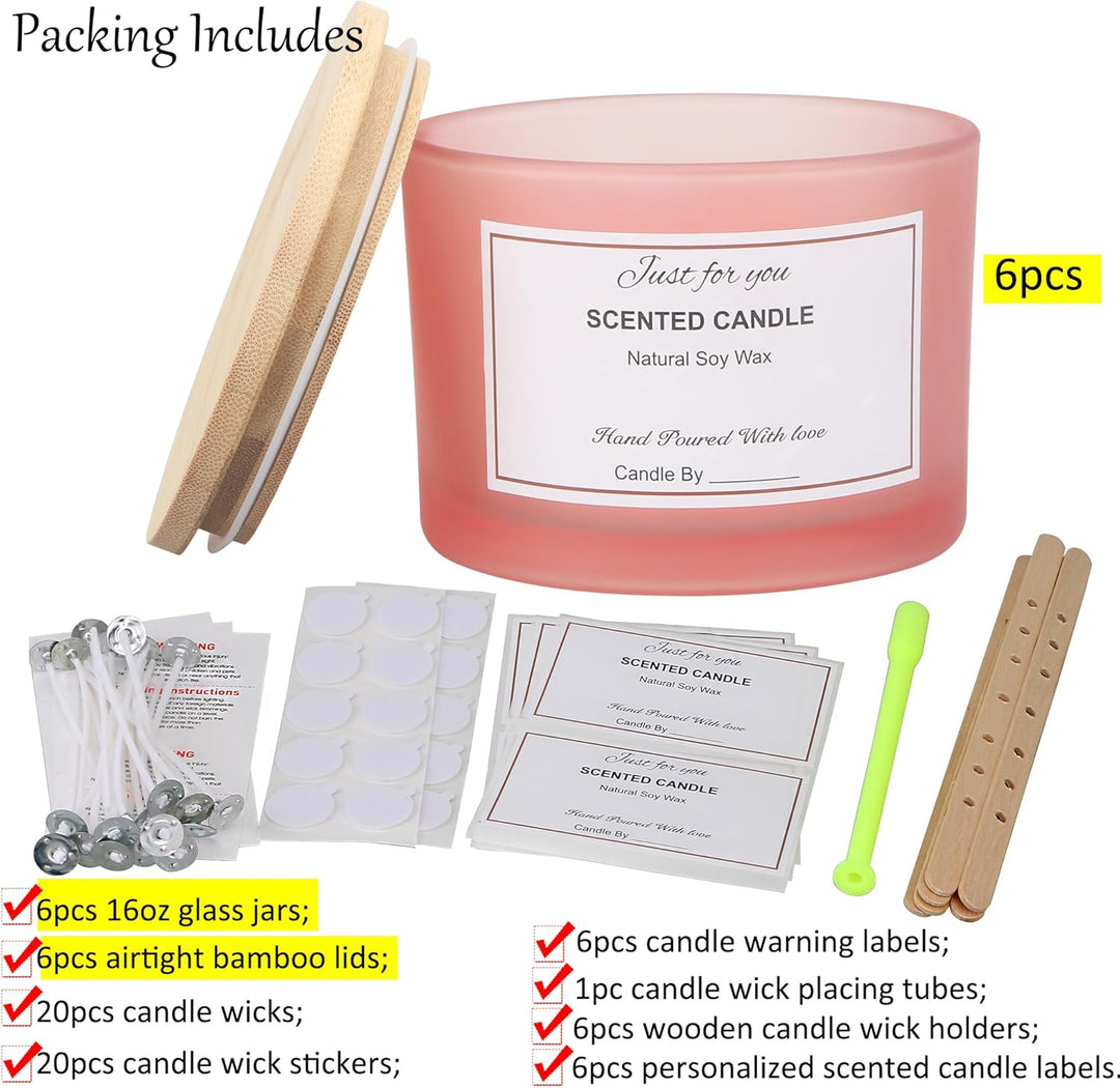 MILIVIXAY 6 x 473 ml Kerzengläser mit Bambusdeckel und Kerzenherstellungs-Kits – 3 Docht-Kerzenglas,