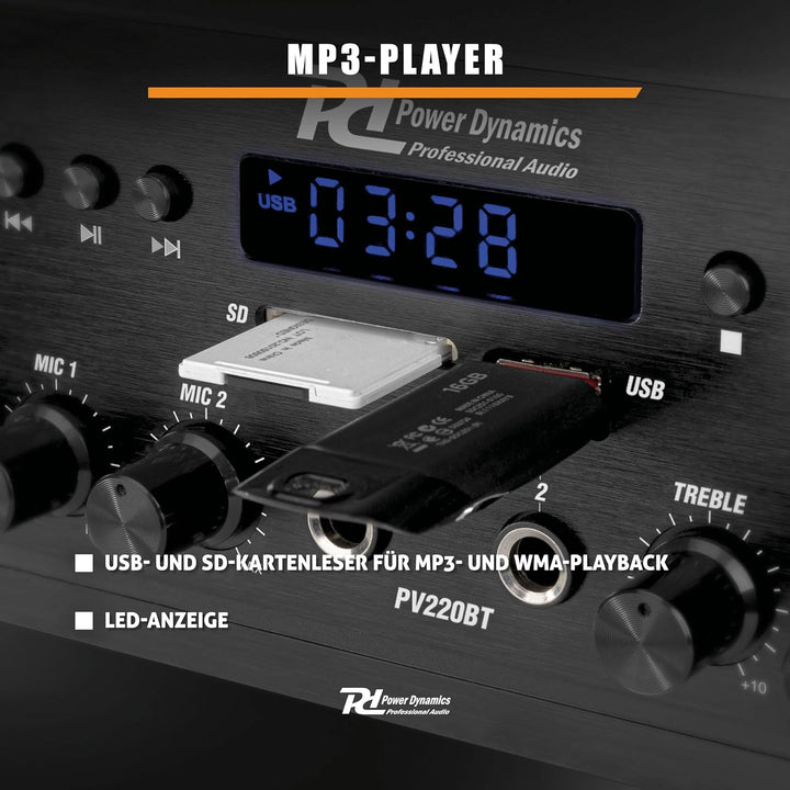 Power Dynamics PV220BT 2 Zonen Verstärker, 200 Watt Bluetooth Receiver, MP3-Player, UKW Radio, USB,