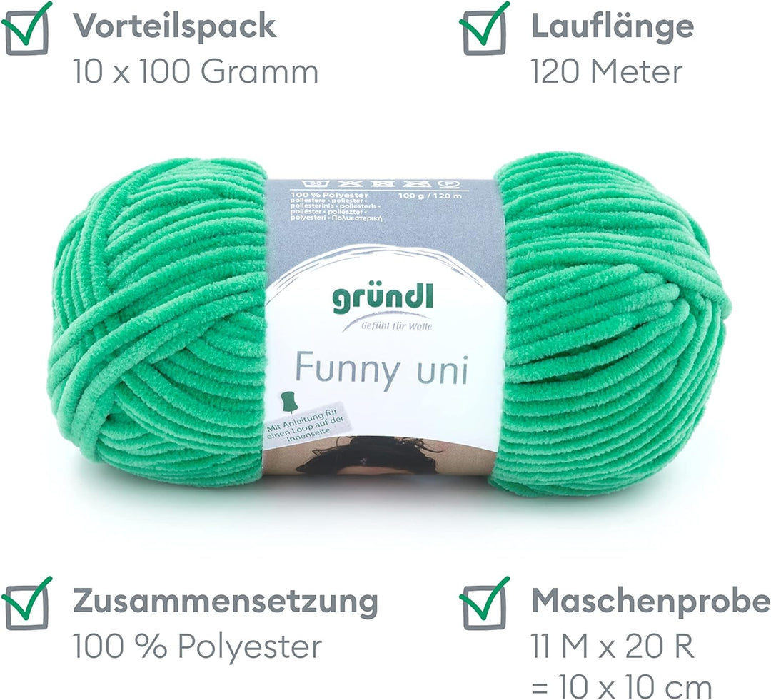 Gründl Funny uni Strick- & Häkelgarn (samtartiges Chenille-Garn aus 100% Polyester, 10 x 100 g / 120