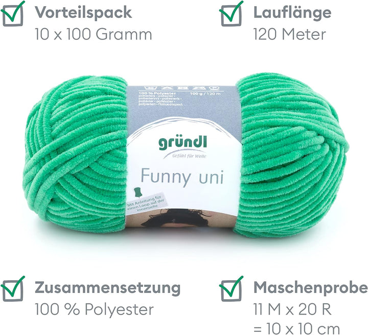 Gründl Funny uni Strick- & Häkelgarn (samtartiges Chenille-Garn aus 100% Polyester, 10 x 100 g / 120