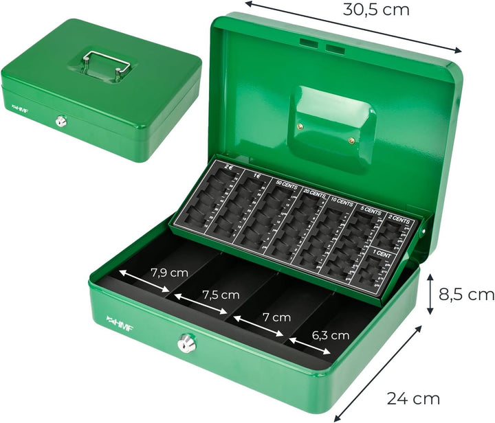 HMF 4215-06 Geldkassette abschliessbar mit Münzzählbrett | 30,5 x 24 x 8,5 cm | Grün, Grün
