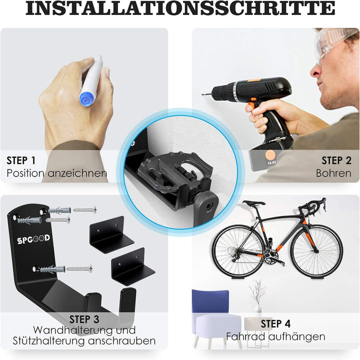 SPGOOD Fahrrad Wandhalterung 3 IN 1 Fahrradhalterung Wand Bike Wall Mount -1xWandhalter & 2x Stützwi