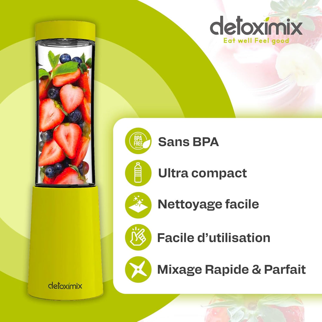DETOXIMIX Mini Standmixer, ultrakompakt, 150 W, 2 Transportflaschen aus Kunststoff, BPA-frei, 280 ml