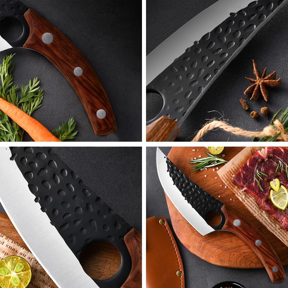 2 Stücke Kochmesser, Küchenmesser mit Lederscheide - Handgeschmiedet Chefmesser,Perfekt zum Schneide