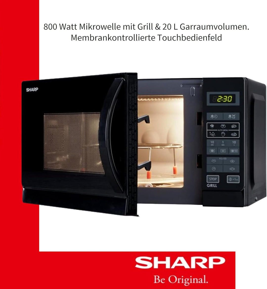 Sharp R742BKW 2-in-1 Mikrowelle mit Grill / 25 L / 900 W / 1000 W Grill / LED-Display / 8 Automatikp