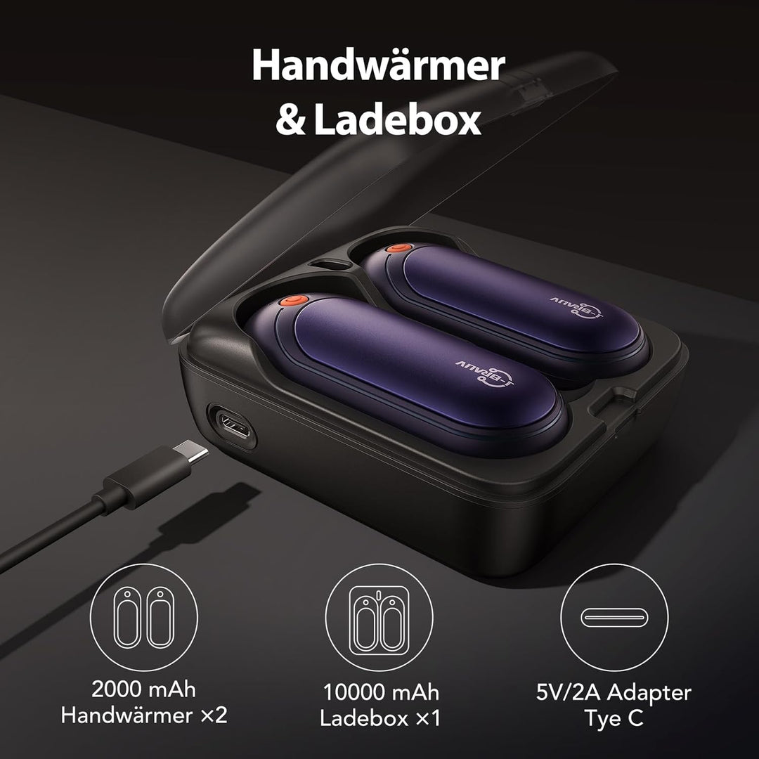 J-BRAUV Handwärmer Elektrisch 2er Set, 4000mAh Taschenwärmer Wiederverwendbar Mit 10000mAh Ladebox,