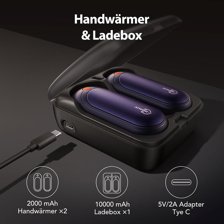 J-BRAUV Handwärmer Elektrisch 2er Set, 4000mAh Taschenwärmer Wiederverwendbar Mit 10000mAh Ladebox,