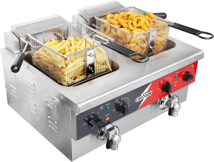 CROSSON Elektrische Fritteuse mit zwei Tanks, Abfluss, festem Korb und Deckel für den Restaurant- un