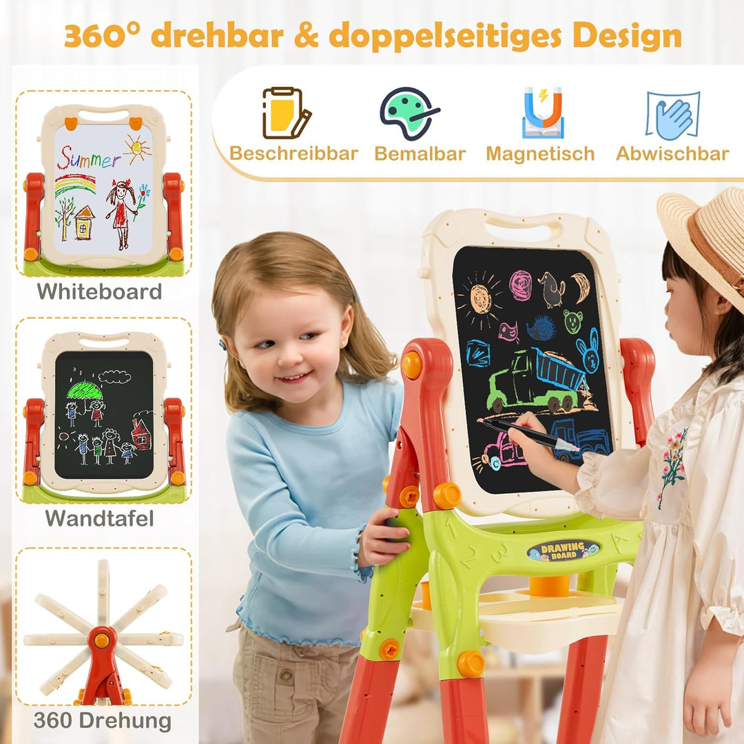 COSTWAY Tafel Kinder, doppelseitige Kindertafel höhenverstellbar mit Whiteboard & Kreidetafel, Stand