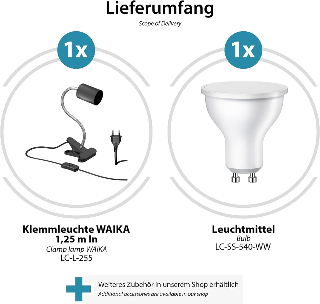 ledscom.de Klemmleuchte WAIKA mit Schwanenhals und Schalter schwarz matt, inkl. GU10 LED Lampe (warm