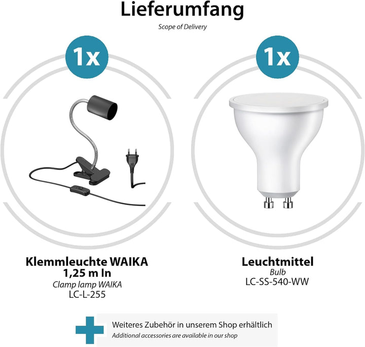 ledscom.de Klemmleuchte WAIKA mit Schwanenhals und Schalter schwarz matt, inkl. GU10 LED Lampe (warm