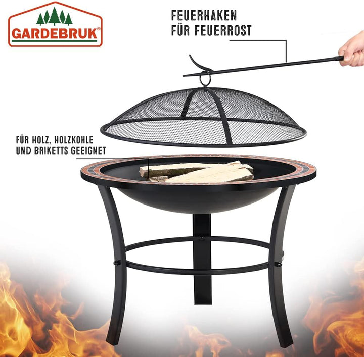 GARDEBRUK® Feuerschale Fuoco mit Funkenschutz Ø76cm Schürhaken Abdeckung Mosaik Rund Garten Terrasse