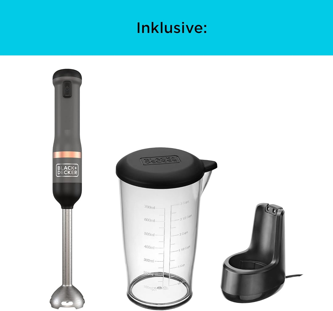 BLACK+DECKER Stabmixer Kitchen Wand Mixer elektrisch mit Messbecher und Ladegerät (7.2 Volt, kabello