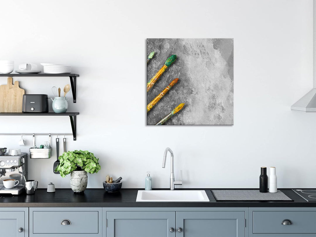 Glasbild | Wandbild auf Echtglas | Gelber Pinsel & Bild | 70x70 cm | inkl. Aufhängung und Abstandsha