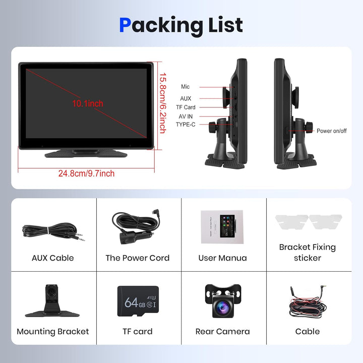 Hodozzy Bildschirm Auto Tragbare Autoradio Dasham 4K mit Wireless Carplay Android Auto, Display 10,1