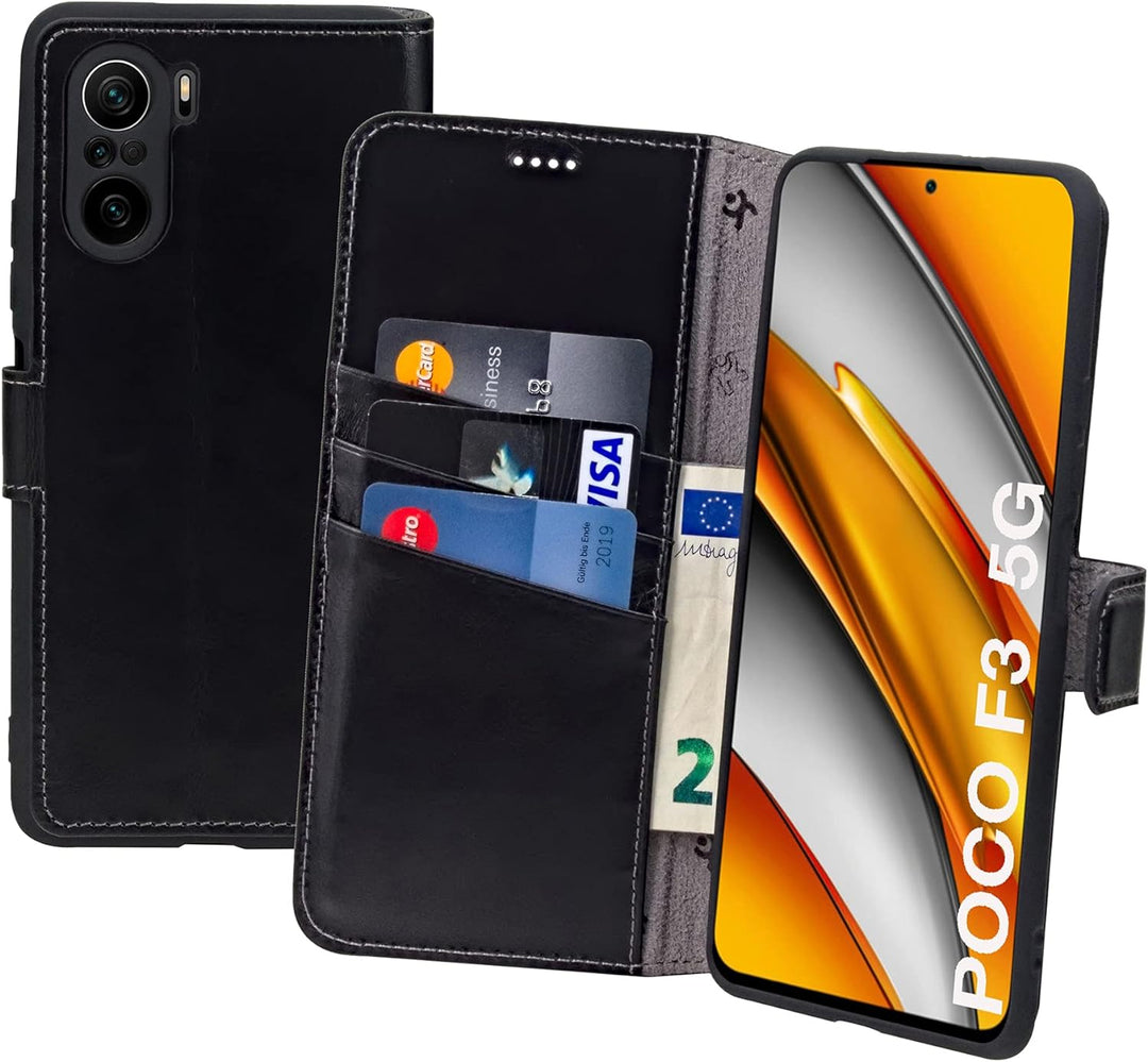 Suncase Book-Style Hülle kompatibel mit Xiaomi Poco F3 Leder Tasche (Slim-Fit) Lederhülle Handytasch