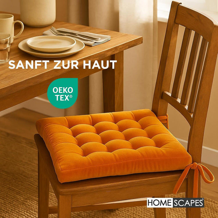 Homescapes 4er-Set Samt Stuhlkissen 40x40 orange, Sitzauflagen mit Bändern, bequeme Sitzkissen für S