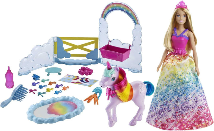 Barbie Dreamtopia Barbie-Puppe und Einhorn-Spielset, 1x Barbie-Puppe, 1x Einhorn, 15+ Barbie-Accesso