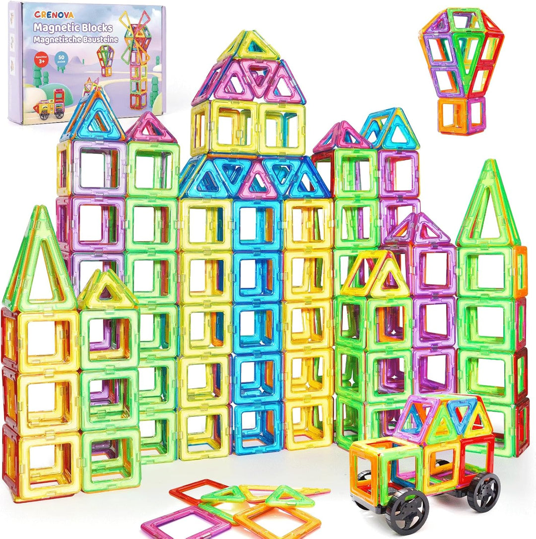 Crenova Magnetische Bausteine 50 Teile Magnetspielzeug Magnete Kinder Magnetbausteine STEM Lernspiel