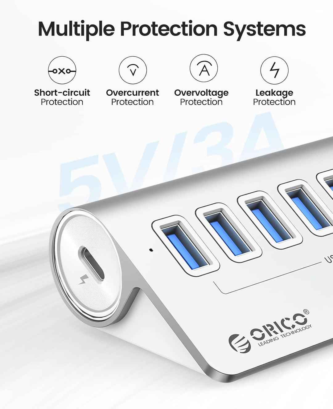 ORICO USB C Hub, 7-Port Aluminium USB Splitter, 5Gbps USB Hub mit 0.5m USB C Kabel und USB A Adapter