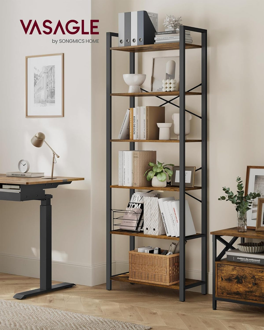 VASAGLE Bücherregal 6 Ebenen, Standregal mit Stahlrahmen, freistehendes Regal, Wohnzimmer, Schlafzim