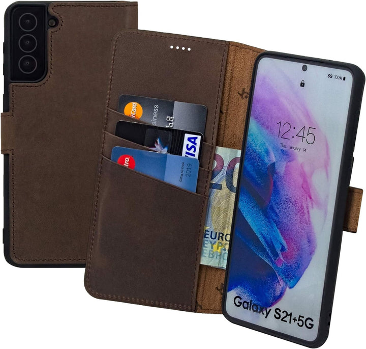 Suncase Book-Style Hülle kompatibel mit Samsung Galaxy S21 Plus 5G Leder Tasche (Slim-Fit) Lederhüll