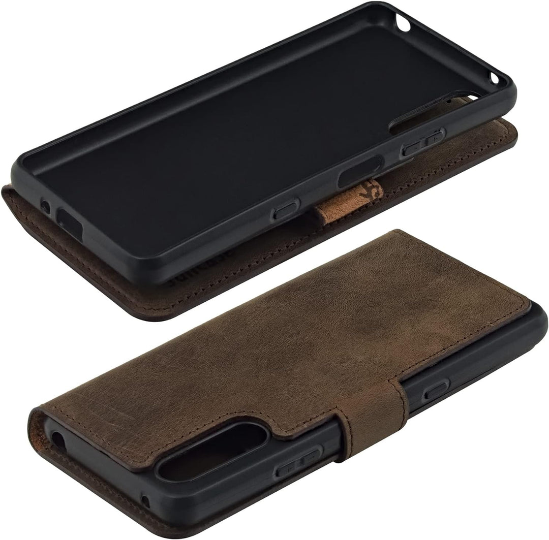 Suncase Book-Style Hülle kompatibel mit Sony Xperia 10 IV (2022) Leder Tasche (Slim-Fit) Lederhülle