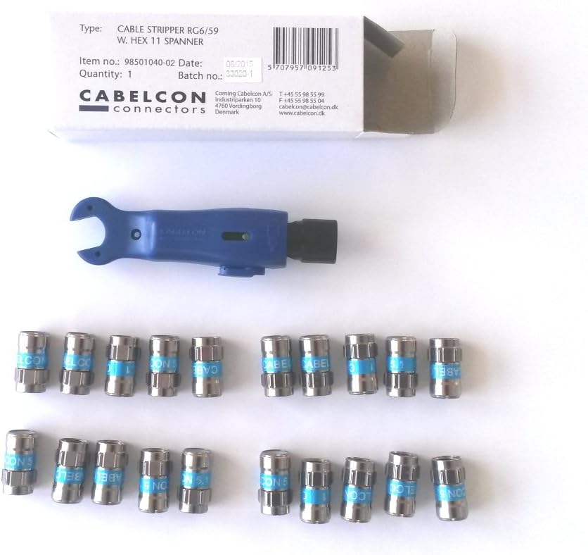 Cabelcon Set bestehend aus Cablestripper RG6/59 mit Maulschlüssel + 20 Stück Self Install-Stecker F-