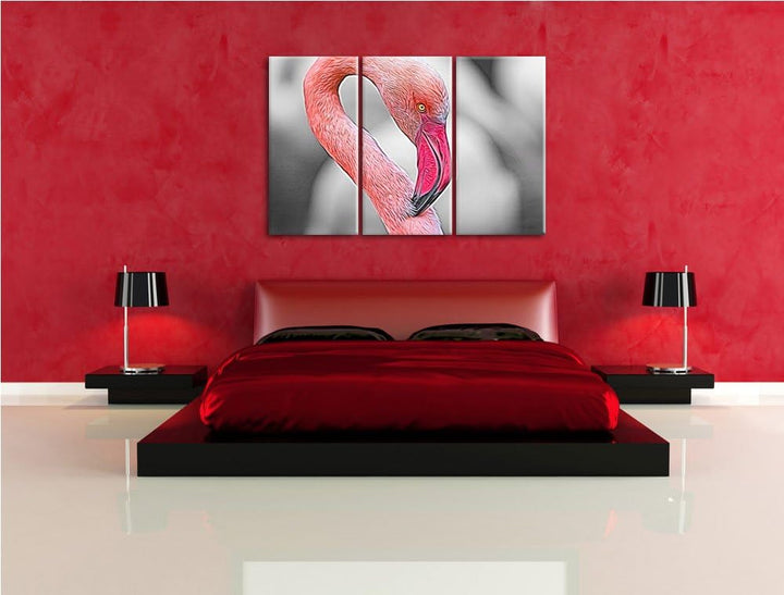 prächtiger Flamingo schwarz/weiss Deluxe 3-Teiler Leinwandbild 120x80 Bild auf Leinwand, XXL riesige