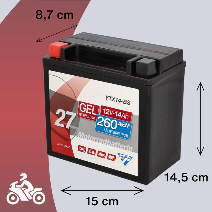 CARTEC Motorradbatterie YTX14-BS, 12Ah, 200A, Gel Technologie Motorrad-Starter-Batterie, Erstausrüst