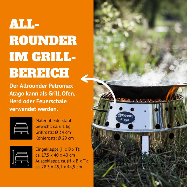 Petromax Atago | Grill, Herd & Feuerschale in einem | raucharm | Edelstahl | kippsicher | platzspare