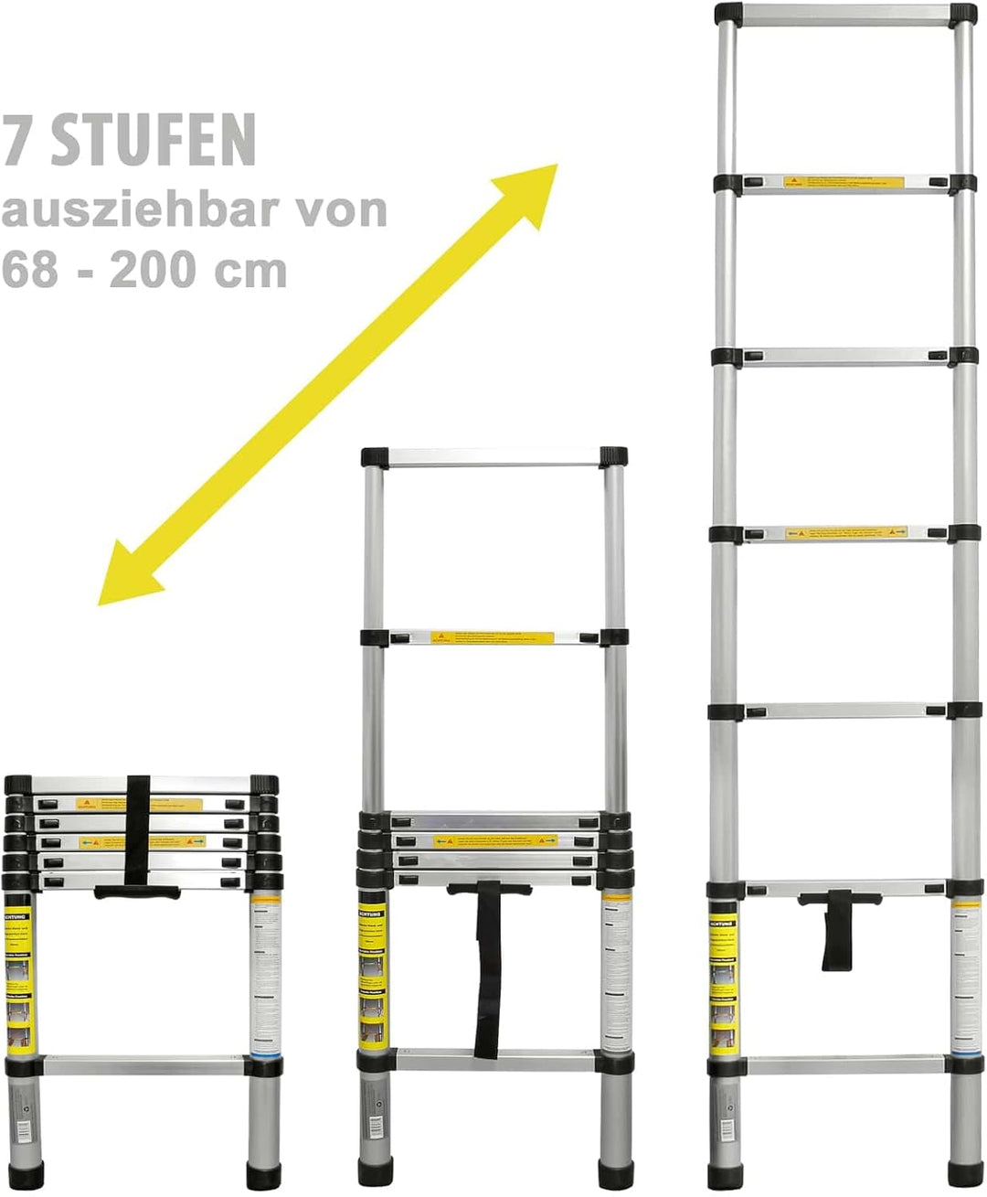 Eaxus® Teleskopleiter 2,0m - Aluminium Mehrzweckleiter Ausziehbar mit 7 Stufen, Silber 2,0 Meter, 2,