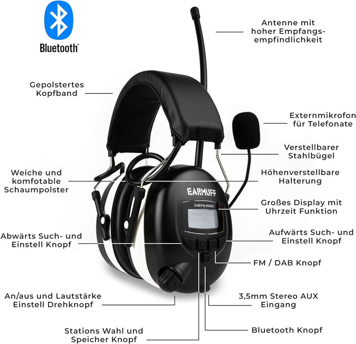 EARMUFF Gehörschutz mit DAB+ & FM 31dB Dämmung | Lieblingsradiosender & Musik über Digital Radio & F