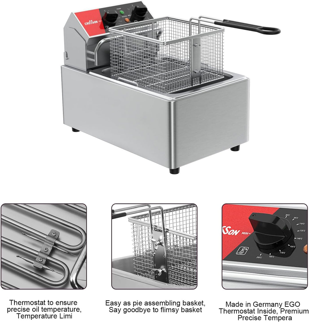 CROSSON 6L Elektrische Aufsatzfritteuse mit leicht zu reinigendem rotierendem Fritteusenkopf, 30 Min