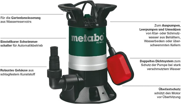 Metabo Schmutzwasserpumpe PS7500S, Mehrfarbig, 450W, 230Volt, 50Hz