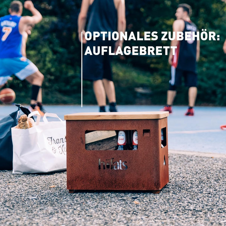 höfats - Beer Box Feuerschale - Getränkekiste, Feuerkorb, Grill, Flaschenöffner und Hocker in einem